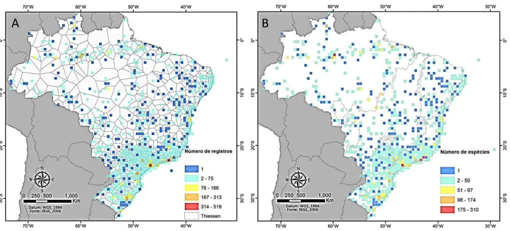 Figura 4: A: Número e distribuição espacial de registros de ocorrência de espécies de aranhas no Brasil