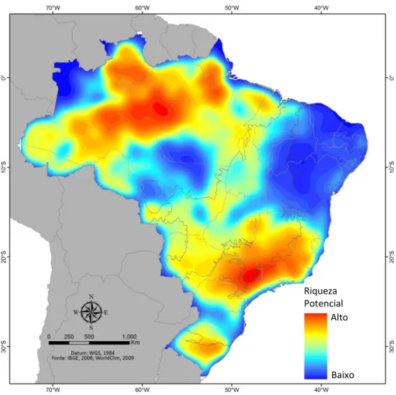 Figura 9: Estimativa de riqueza em espécies de aranhas para o Brasil, baseado somatório de modelos  de  distribuição  geográfica  potencial  de  2402  espécies  e  interpolado  através  do  método  kernel  para  pontos equidistantes (para mais detalhes, ve