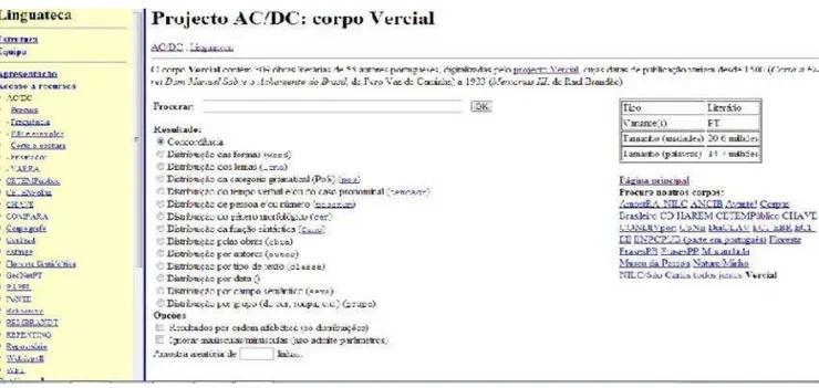 Figura 2. A interface do Vercial no Linguateca (Corpus Vercial) 