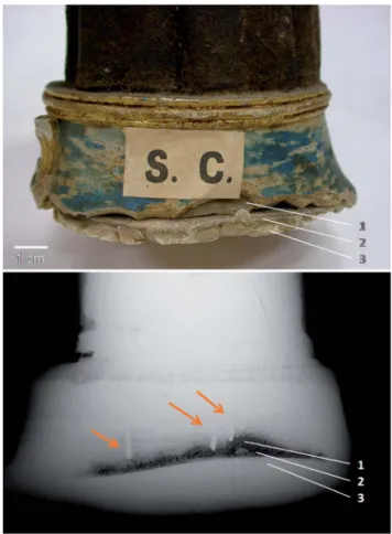 Fig. 2 Pedestal of ﬁ gurine E657: (a) macrograph in visible and direct light; (b) enlargement of the X-ray image obtained at 40 kV, 60 mA, 600 s and 2 m (object – X-ray source distance) – scale bar: 1 cm.