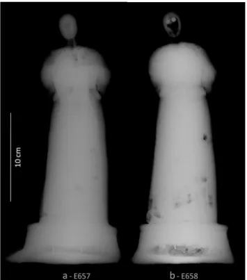 Fig. 3 Pair of eighteenth-century wax-cast ﬁ gurines. Front and back partial views in direct light – scale bar: 5 cm.