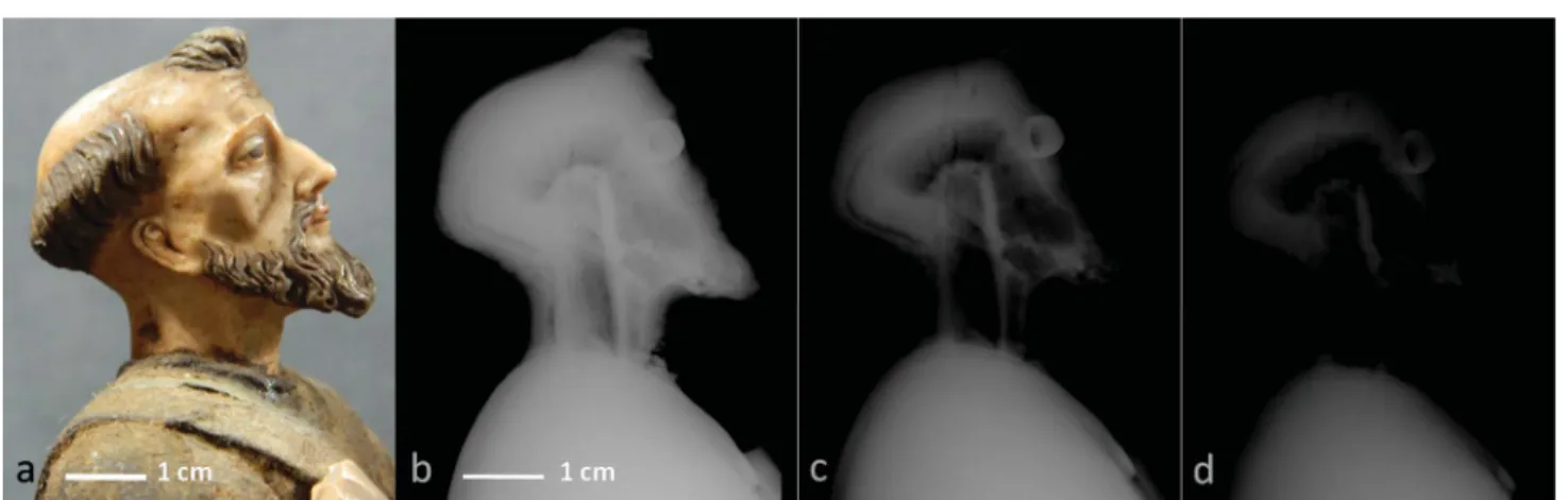 Fig. 7 St. Francis' head in pro ﬁ le, from ﬁ gurine E657: (a) macrograph in direct light; (b) enlargement of the X-ray image obtained at 40 kV, 6 mA, 300 s; (c) Idem – at 40 kV, 6 mA, 600 s; (d) Idem – at 60 kV, 6 mA, 600 s – scale bar: 1 cm.