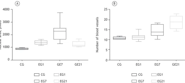 Figure 4. Morphometric analysis of the trachea in the control group (CG) and in the groups exposed to emissions from  sugar cane straw burning for 1 day (EG1), for 7 days (EG7), and for 21 days (EG21)