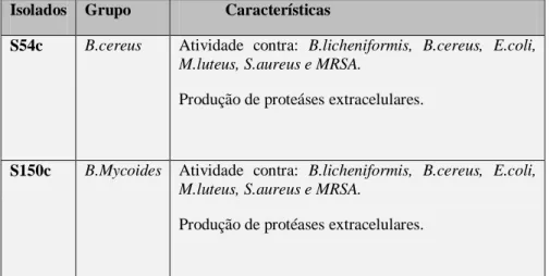 Tabela 6 –  Características da  base de dados de  Bacillus  referente aos  isolados  S54c e  S150c