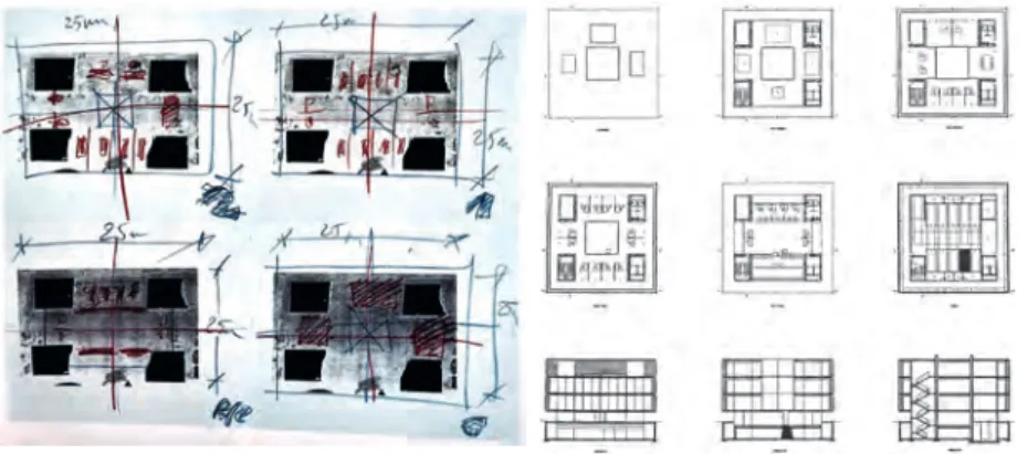 Fig. 16. Sketches, design principles, after Tàpies. Fig. 17. Plan and section for the Bank.