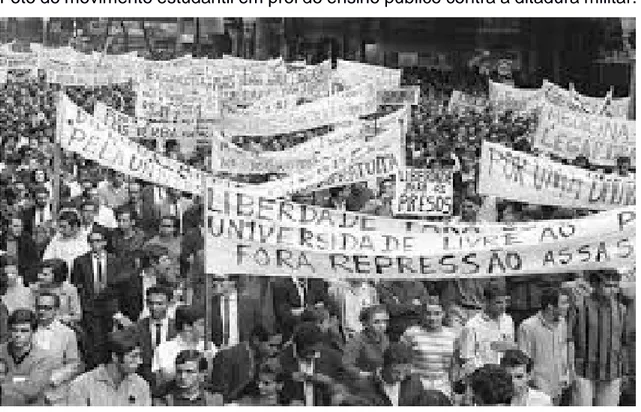 Foto do movimento estudantil em prol do ensino público contra a ditadura militar. 