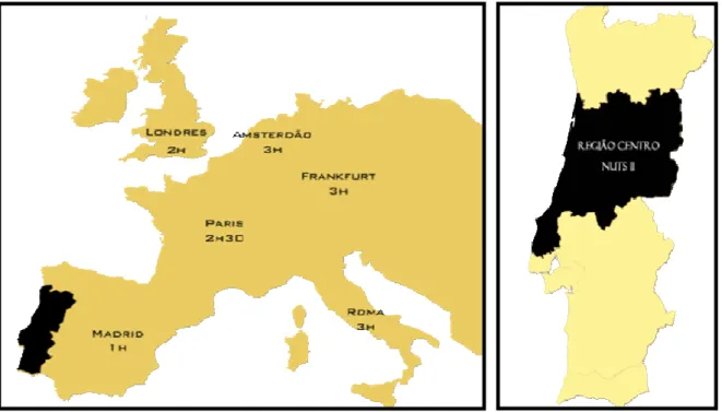 Figura 2 (à esquerda) - Mapa representativo da Europa com localização de Portugal em destaque (a  negro),  com  tempos  médios  de  distância  via  aérea  entre  Portugal  e  algumas  cidades  europeias