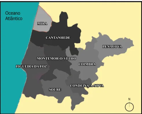 Figura 4- Mapa do Baixo Mondego (NUT III) com os seus diferentes concelhos. Fonte: adaptado de  http://www.baixomondego.pt/img/entrevista01/mapa.jpg