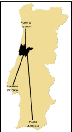 Figura  5-  Mapa  de  Portugal  com  região  do  Baixo  Mondego  representada  em  mancha  negra  e  respetivas distâncias entre o Baixo Mondego e algumas das principais cidades de Portugal