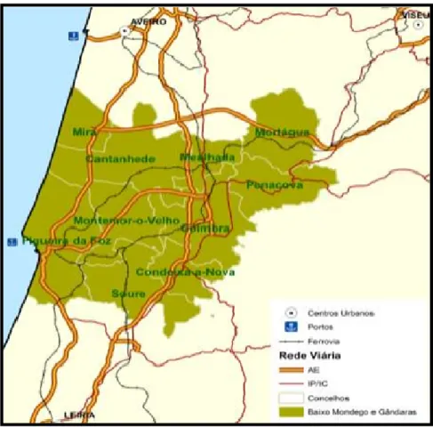 Figura 7- Mapa da rede viária do Baixo Mondego   Fonte- AMBM, 2008: 185 