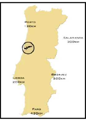 Figura  8-  Mapa  representativo  de  Portugal  estando  em  destaque  o  vale  do  Rio  Mondego  e  as  distâncias  médias  entre  as  principais  cidades  portuguesas  e  duas  cidades  espanholas