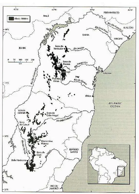 Figura  1.  Distribuição  dos  campos  rupestres  ao  longo  da  Cadeia  do  Espinhaço  ( http://botany.si.edu/projects/cpd/sa/map56.htm )