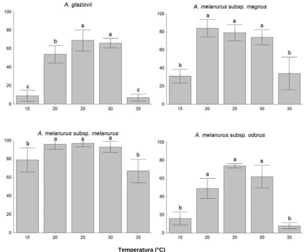 Figura 3. Germinabilidade (%) das sementes recém coletadas de Arthrocereus em cinco temperaturas constantes  sob fotoperíodo de 12 horas