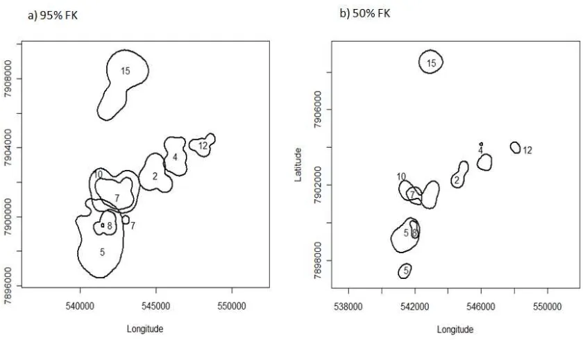 Fig. 2. Fixed Kernel (FK) estimates of (a) 95% and (b) 50% home range for crab-eating raccoons (Procyon cancrivorus; n= 8) radiomonitored in