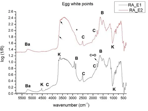 Fig. 7: reflection spectra of the egg points (RA_E1, RA_E2)  in vase A characterized by k=kaolin,  C=calcite, Ba=basanite,  and B=organic binder    