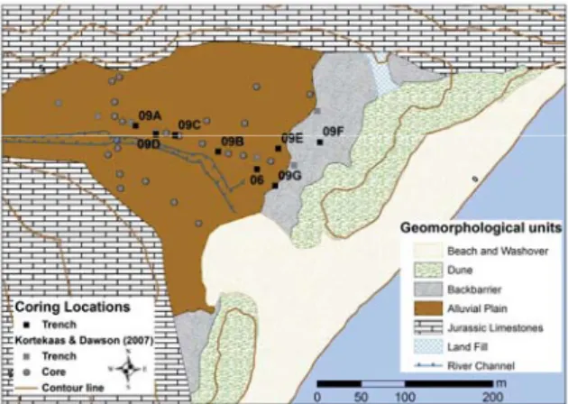 Fig. 2. Location of the 24 cores and 7 trenches studied by Kortekaas  (2002) and Kortekaas &amp; Dawson (2007)