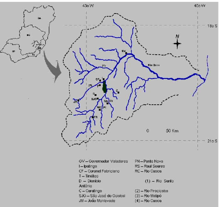 Figura 1 – Bacia de drenagem do Rio Doce e os principais municípios. Adaptado de Mello  (1997)