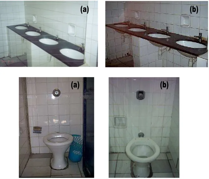 Figura 4.12  – Instalações sanitárias de uso dos alunos antes (a) e após (b) a troca dos  equipamentos 