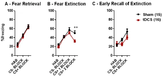 Figure 8 - Graphs for the fear retrieval (A), fear extinction (B) and early recall of extinction (C) procedures