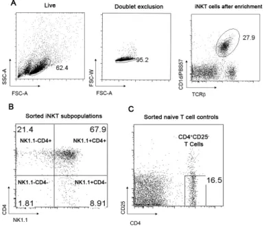 Fig. 3  Sorting strategy of NK1.1/CD4 iNKT-cell subpopulations.  (A) iNKT cells from  C57BL/6 mice were isolated from the spleen, enriched for iNKT cells and identified after gating  on  the  live  population,  followed  by  doublet  exclusion  as  CD1d/PB