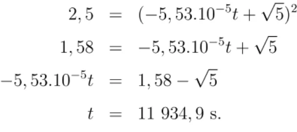 Tabela 2.1: Varia¸c˜ao de volume do cilindro t[s] h [m] 0 5 500 4,877 1000 4,756 1500 4,636 2000 4,518 2500 4,401