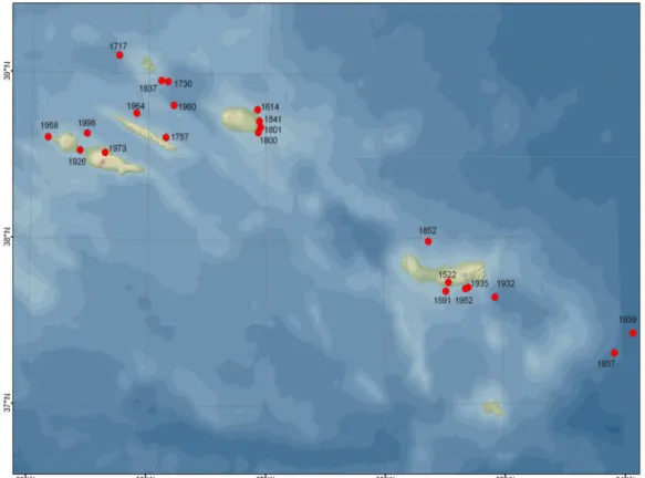 Figura 2.5 | Localização dos principais sismos históricos na região dos Açores (dados de Silveira, 2002 &amp; 
