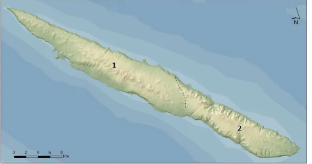 Figura 2.21 | Modelo digital de terreno da ilha de São Jorge, com indicação das duas unidades  geomorfológicas