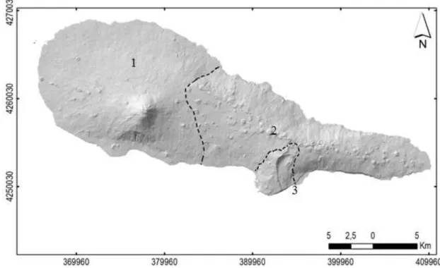 Figura 2.24 | Modelo digital de terreno da ilha do Pico, com indicação das três unidades geomorfológicas: 
