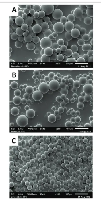 FIGURE 1  − Scanning electron microscopy of the three brands commercialized of PMMA A) Biossimetric ® ; B) MetaCrill ® ; C) Linnea Safe ® , 100 µm scale.