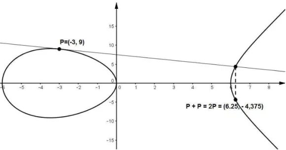 Figura 5: Exemplo num´ erico da soma de P + P = 2P sobre a curva el´ıptica y 2 = x 3 − 36x.
