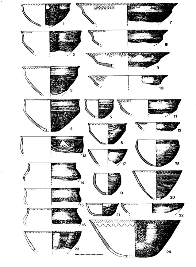 Fig. 13 - Cerâmicas da Fase Inicial de Cogotas I (segundo Fernandez-Posse, 1986/ 87, 233, Fig