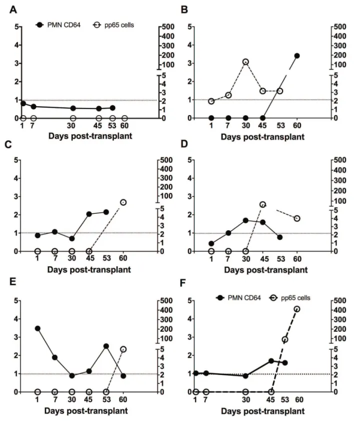 FIGURE  − Profile of PMN CD64 index and pp65 antigenemia from recipients followed for sixty days after kidney transplantation