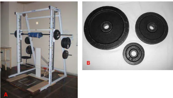 FIGURA 2: Equipamento de musculação utilizado no estudo. A) Barra guiada; B) Anilhas.  Fonte: Arquivo de fotos do LAMUSC 