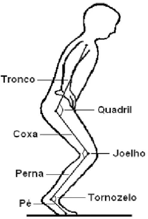 FIGURA  3  –  Segmentos  corporais  do  pé,  perna, coxa e tronco e ângulos articulares do  tornozelo, joelho e quadril