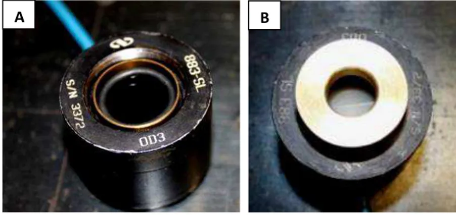 Figura 3  – Cristal fotossensível do detector do aparelho medidor de potência (A) e  cerâmica posicionada com anel rosqueado (B)