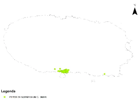 Figura 4: Mapa dos pontos de ocorrência da praga de Cryptotermes brevis no ano de 2018 na Ilha Terceira.
