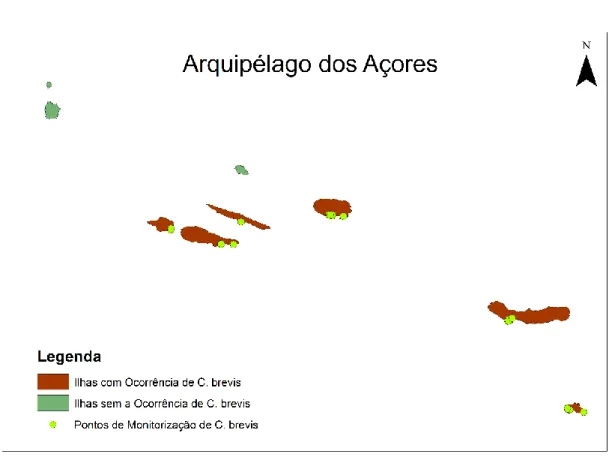 Figura 1: Localização das armadilhas para monitorização (verde) e para deteção (amarelo) de infestação por  Cryptotermes brevis no arquipélago dos Açores.