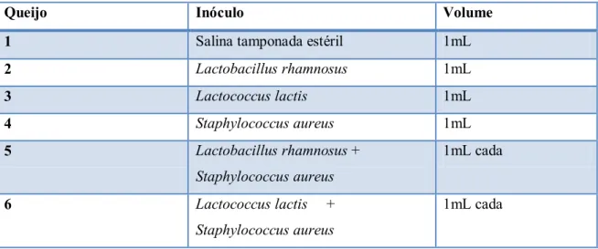 Tabela 4: Tratamentos  – queijos e seus inóculos. 
