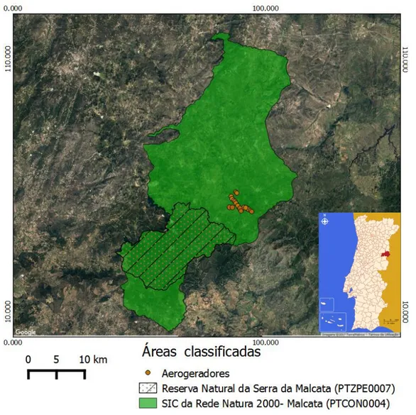 Figura 1.2 - Enquadramento geográfico do parque eólico do sabugal em Portugal e sua localização relativamente a áreas  classificadas