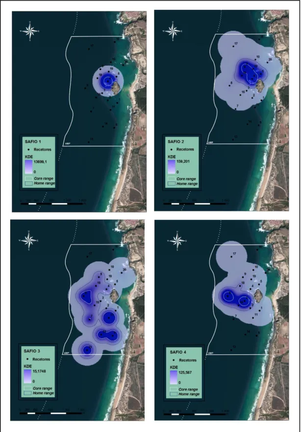 Figura  12  – Mapas com representação da distribuição KDE (i.e., utilização espacial da área de estudo) de cada  safio monitorizado