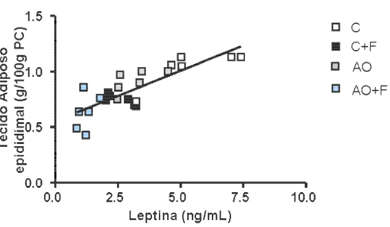 Figura 6. Correlação positiva entre a leptina plasmática e peso do tecido adiposo epididimal, 