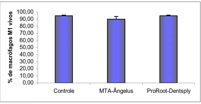 GRÁFICO 1 – Porcentagem de macrófagos M1 (camundongos C57BL/6) vivos, após 24 horas de  incubação em tubos de polipropileno, na presença dos capilares, com ou sem o MTA das duas  marcas comerciais