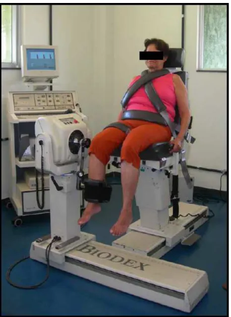 Figura 1: Posicionamento da participante para realização do  teste de força muscular no dinamômetro isocinético 