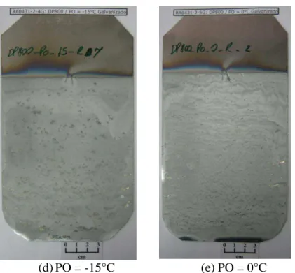 FIGURA 5.44: Fotos de aspecto dos corpos de prova de aço DP800 galvanizados a quente  no HDPS após recozimento contínuo sob os pontos de orvalho avaliados