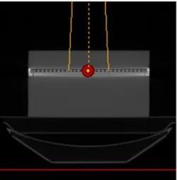Figure 3.13 – Simulation Setup. The red mark indicates the isocenter placed at the center of the ion chamber array