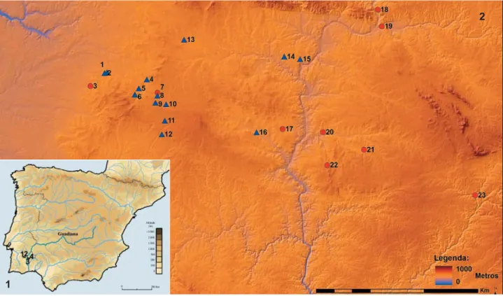 Fig. 1.— 1. Mapa da Península Ibérica com a localização dos sítios em estudo. 1. Monte do Pombal 2; 2