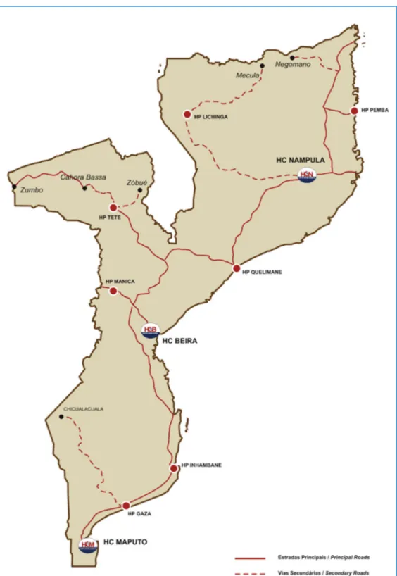 Figure 2. Map of Mozambique illustrating the distance traveled by patients from distant districts to reach a quaternary hospital: from Chicualacuala to Maputo, &gt; 550 km; from Zumbo to Beira, &gt; 1100 km; from Me´cula to Nampula, &gt; 930 km; from Negom