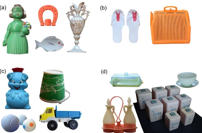 Figura 11 – Exemplos de artigos presentes na colecção de Isabel Florentino, distribuídos por sectores  de aplicação: (a) decoração, (b) moda e acessórios, (c) brinquedos e (d) utilitário e doméstico