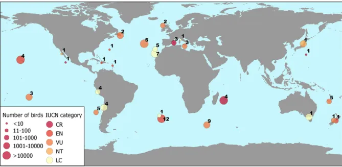 Figure 1. Locations where attraction of seabird fledglings to lights has been reported (numbers, number of species affected; circle size, proportional to number of grounded birds; CR, critically endangered; EN, endangered; VU, vulnerable; NT, near threaten