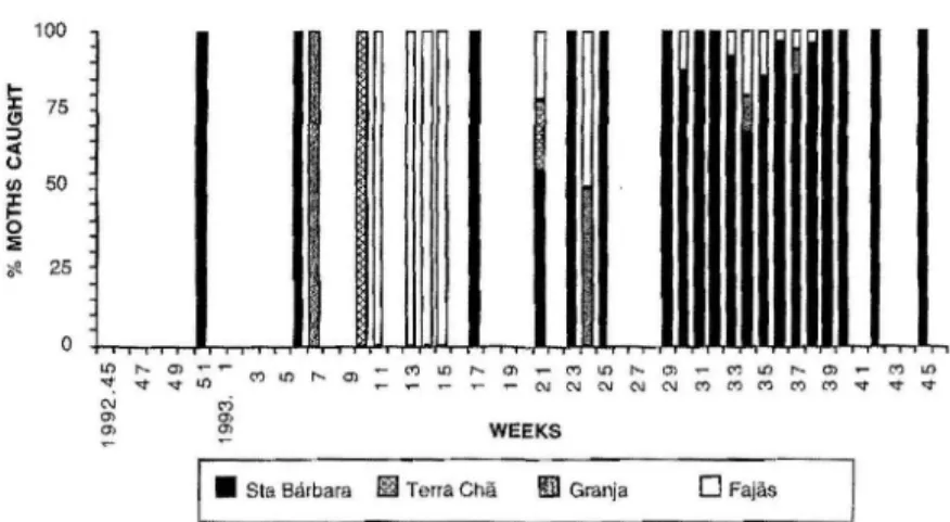 Fig. 6 - Proportion  of  M  loreyi  adults captured  weekly at four sites in  Terceira  island: Terra Chã,  Granja, Santa Bárbara (from N ovem ber 1992 to Novem ber 1993; S3  weeks) and Fajãs (between March  and November 1993; 36 weeks)